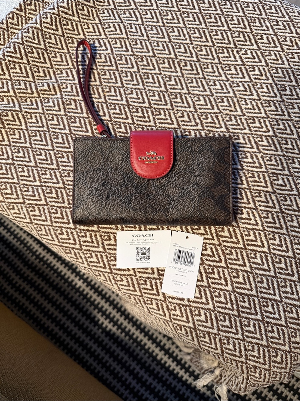 Coach Brown Signature Wristlet with Red Leather Flap